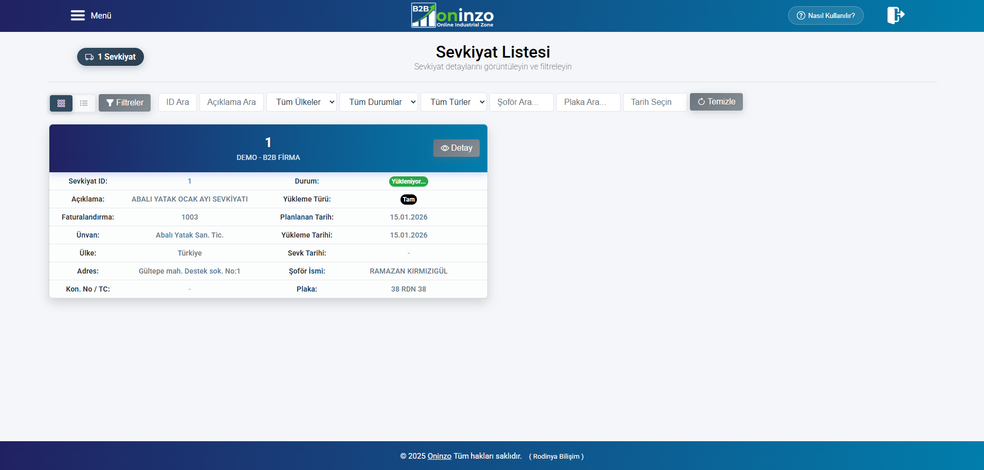 B2B Sevkiyat Listesi