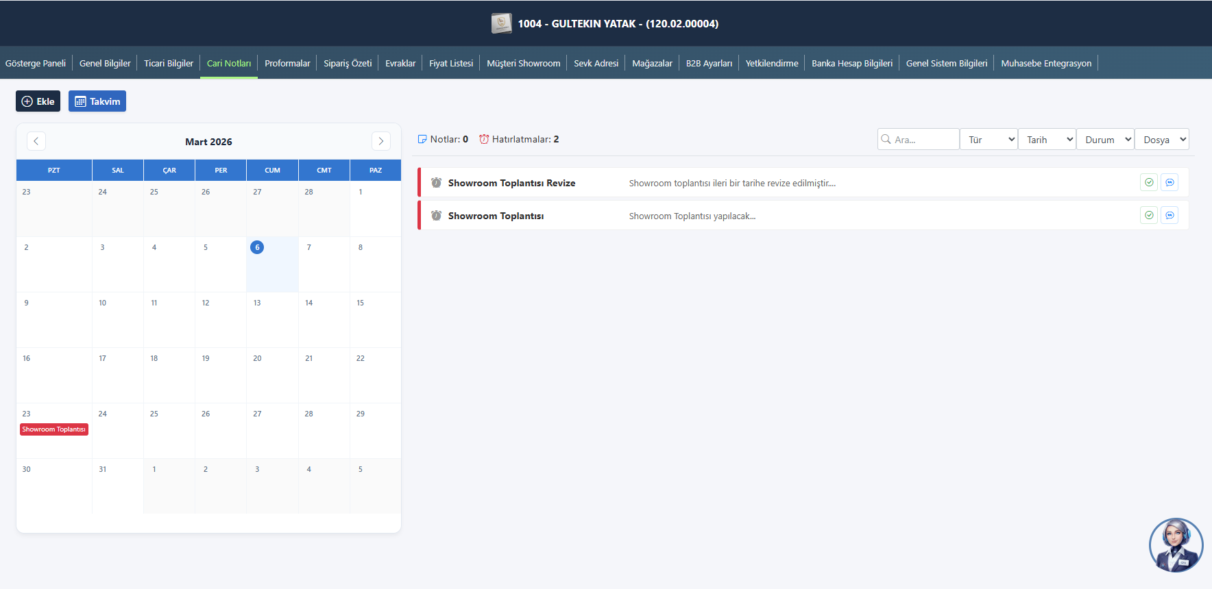 Cari Notları ve Takvim Yönetimi
